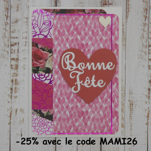 Carte bonne fête rose et blanc fête des mères maman grand-mère mamy mamie fait main