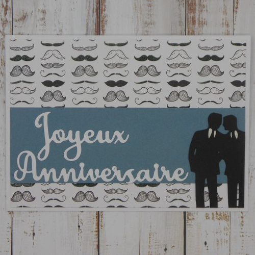 Carte anniversaire mariage pacs masculine hommes bleu moustaches noir et blanc fait main