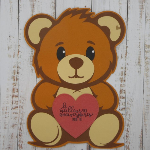 Carte anniversaire 20 x 14,5 en forme d'ourson enfant garçon fille coeur rouge fait main