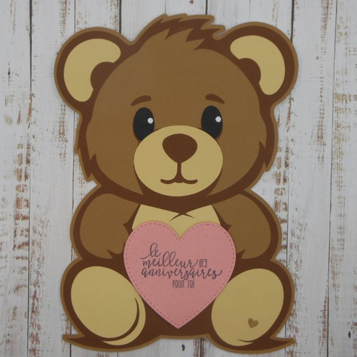 Carte anniversaire 20 x 14,5 en forme d'ourson enfant garçon fille coeur rose fait main