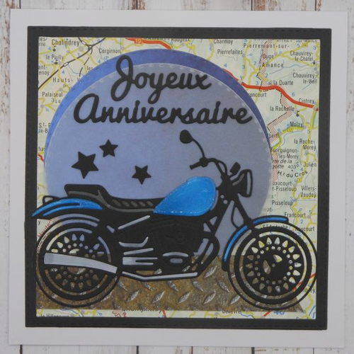 Carte anniversaire 15 x 15 moto roadster bleu 3 homme ou femme fait main