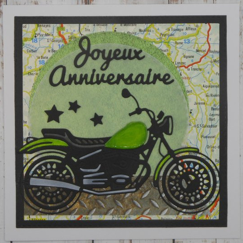Carte anniversaire 15 x 15 moto roadster vert 3 homme ou femme fait main