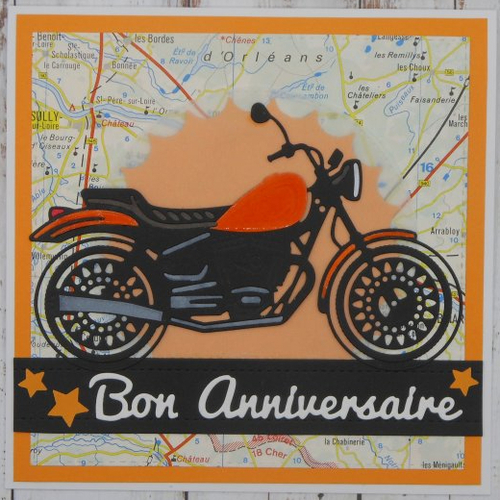 Carte anniversaire moto roadster orange homme ou femme fait main