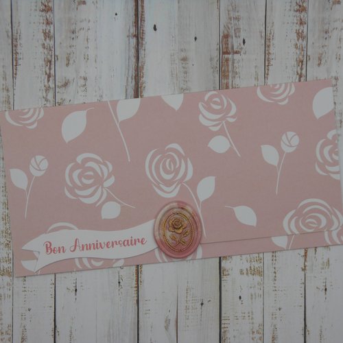 Pochette cadeau anniversaire avec sceau de cire pour billet, chèque, place de spectacle roses blanches fait main