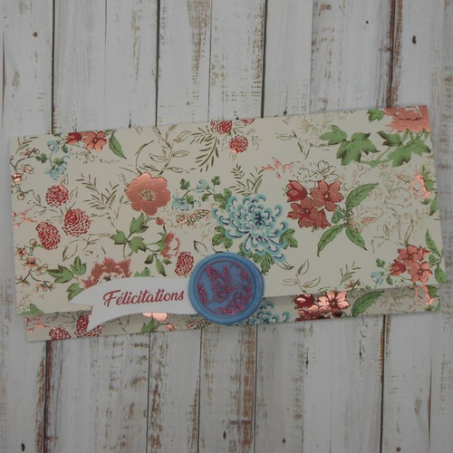 Pochette cadeau félicitations avec sceau de cire papillon mariage pacs pour billet, chèque, place de spectacle fleurs bleu foil rose