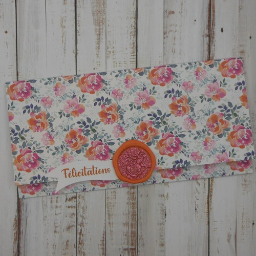Pochette cadeau félicitations avec sceau de cire pour billet, chèque, place de spectacle mariage pacs roses sauvages orange fait main