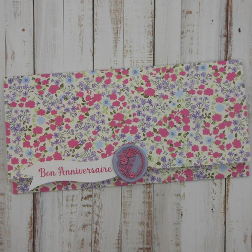 Pochette cadeau anniversaire sceau de cire pour billet, chèque, place spectacle fleurettes fuchsia bleu et violet fait main