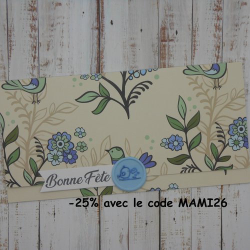 Pochette cadeau bonne fête sceau de cire pour billet, chèque, place de spectacle oiseau et fleurs bleu fait main