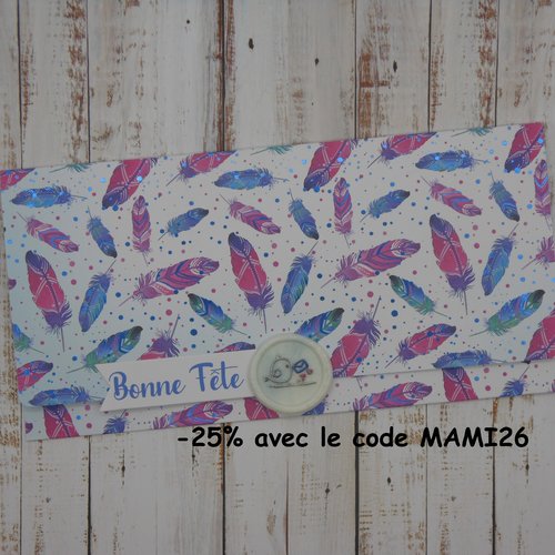 Pochette cadeau bonne fête sceau de cire pour billet, chèque, place de spectacle oiseau et plumes rose bleu fait main