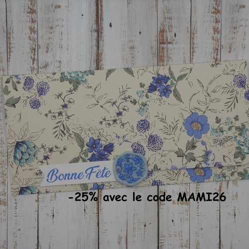 Pochette cadeau bonne fête sceau de cire pour billet, chèque, place de spectacle fleurs bleues fait main
