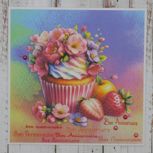 Carte anniversaire 15 x 15 cupcake fleuri fruits multicolore fait main