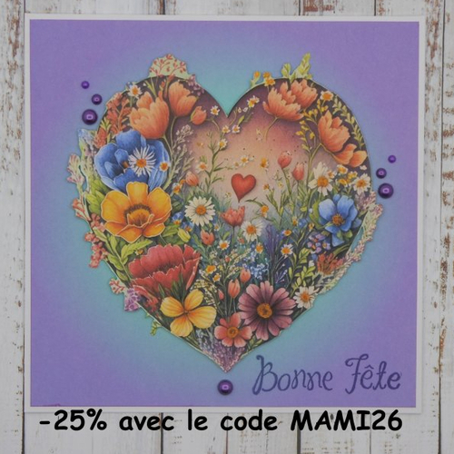 Carte bonne fête 15 x 15 coeur fleurs des champs fond bleuté mauve violet mère mamie grand-mère maman fait main