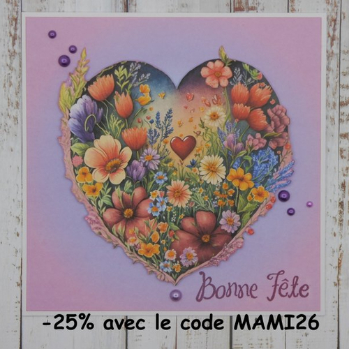 Carte bonne fête 15 x 15 coeur fleurs des champs fond rose mauve violet mère mamie grand-mère maman fait main