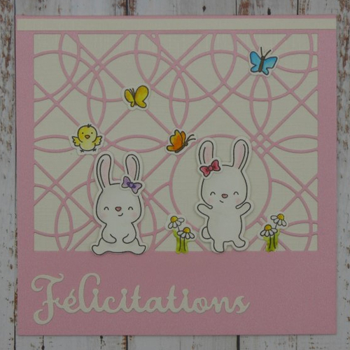 Carte naissance fille 15 x 15 félicitations lapins et papillons rose et blanc fait main