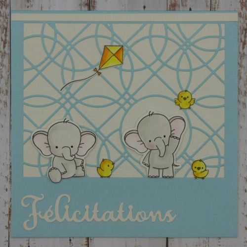 Carte naissance garçon 15 x 15 félicitations éléphants et poussins bleu et blanc fait main