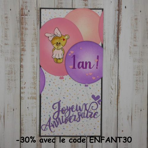 Carte premier anniversaire 21,5 x 10,5 ballons rose et violet 1 an fait main