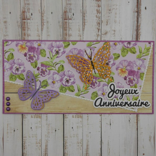 Carte anniversaire 21,5 x 10,5 fleurs papillons et bois mauve violet dl fait main