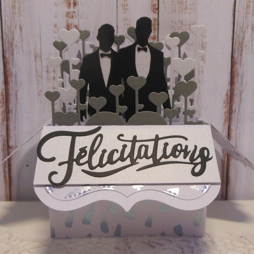 Carte félicitations mariage pacs hommes pop up boîte 3d argent holographique et blanc fait main