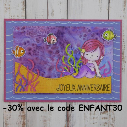 Carte anniversaire sirène et poissons au fond de l'océan tons de mauve violet fait main
