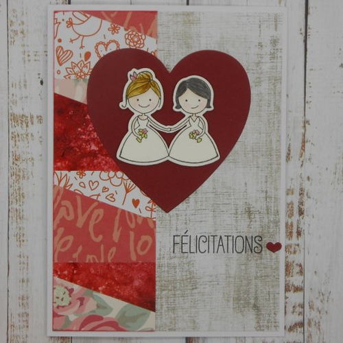 Carte félicitations mariage pacs femmes coeur rouge fond rouge et blanc anniversaire mariage fait main