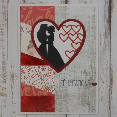 Carte félicitations mariage pacs femmes coeur rouge fond rouge et blanc anniversaire mariage fait main