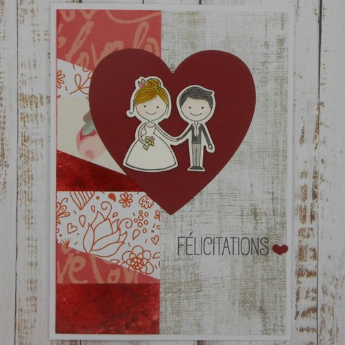 Carte félicitations mariage pacs coeur rouge fond rouge et blanc anniversaire mariage fait main