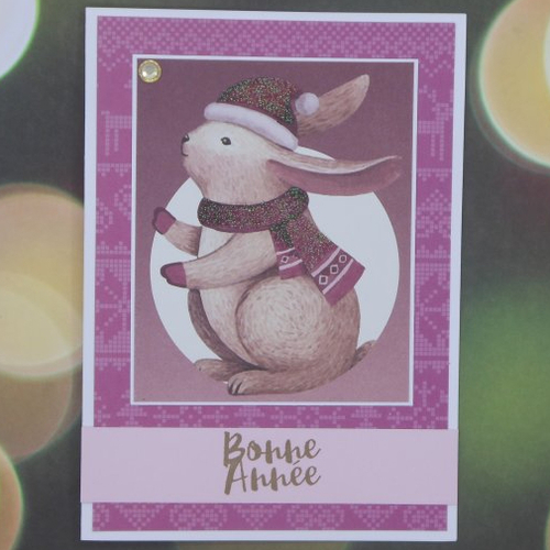 Carte de voeux bonne année lapin d'hiver tons roses pour offrir carte cadeau