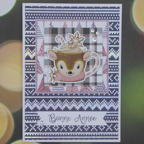 Carte de voeux bonne année déco foil et bleu marine tons roses pour offrir carte cadeau