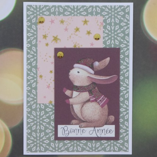 Carte de voeux bonne année du petit lapin tons roses vert déco flocons