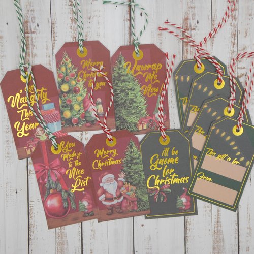 10 étiquettes cadeau de noël rouge et vert gnome lutin et père noël