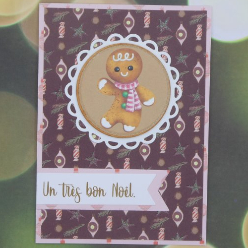 Carte de voeux joyeux bonhomme pain d'épices de noël rose et chocolat écharpe pour offrir carte cadeau