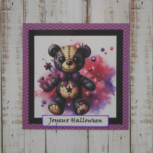 Carte joyeux halloween poupée ourson violet fait main