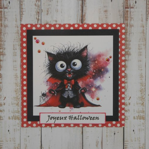 Carte joyeux halloween chat vampire rouge et noir fait main