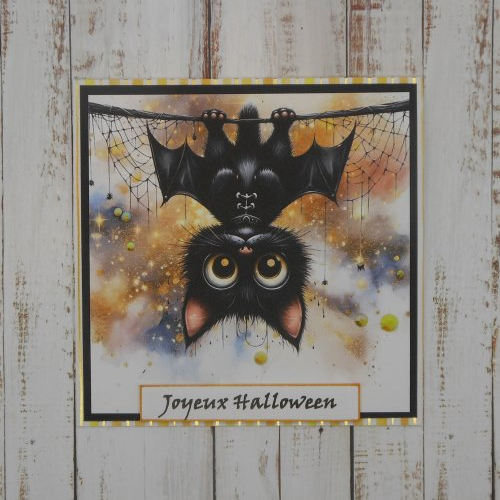 Carte joyeux halloween chat noir chauve-souris fait main