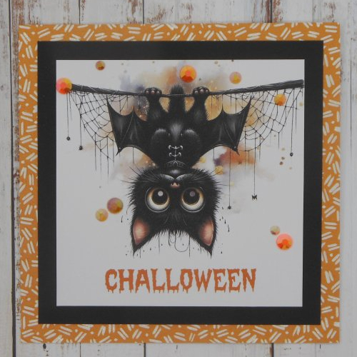 Carte chat halloween chauve-souris suspendu, fond noir et orange fait main