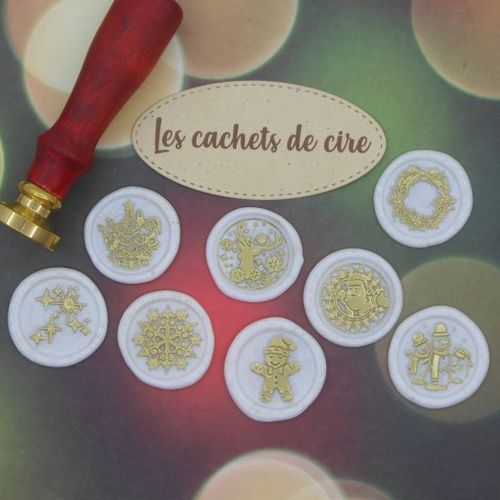 Embellissements lot de 8 cachets de cire synthétique décorés thème noël blanc nacré doré pour scrapbooking carterie albums faits main