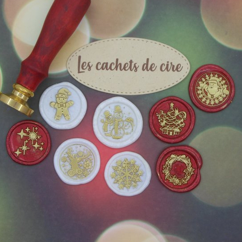 Embellissements lot de 8 cachets de cire synthétique décorés thème noël blanc nacré rouge or pour scrapbooking carterie albums