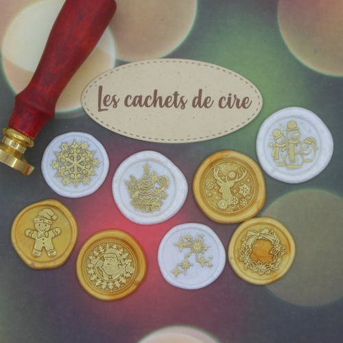 Embellissements lot de 8 cachets de cire synthétique décorés thème noël blanc nacré et or pour scrapbooking carterie albums