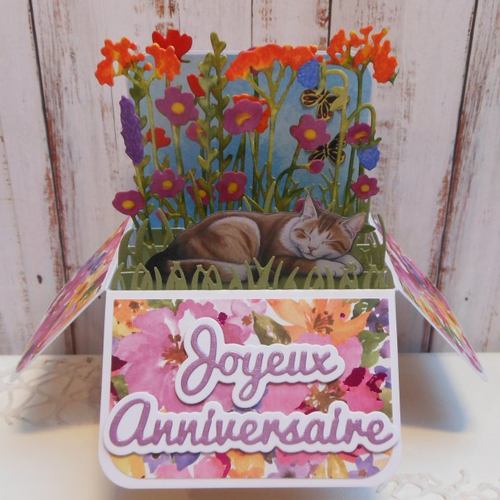 Boîte pop up carte anniversaire chat dormant dans un champs de fleurs 3d fait main