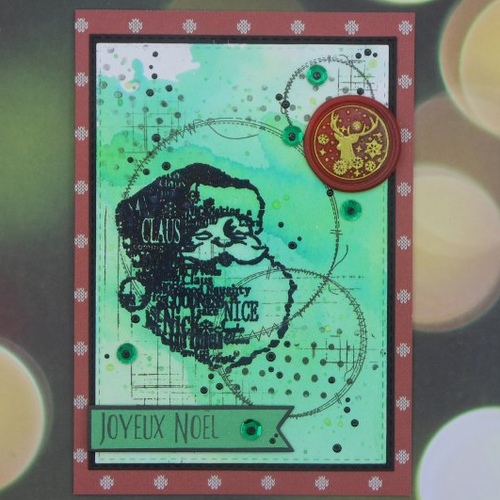 Carte de voeux père noël joyeux cachet de cire vert et fond rouge fait main