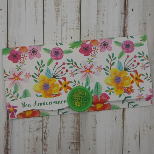 Pochette cadeau anniversaire sceau de cire fleurs vert pour billet, chèque, place spectacle fleur multicolore fait main