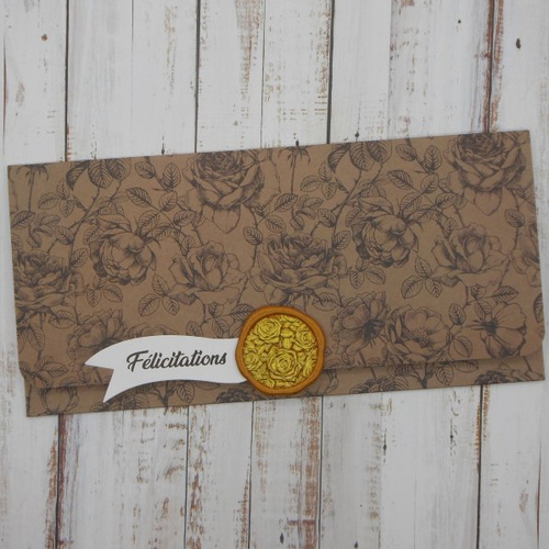 Pochette cadeau félicitations sceau de cire pour billet, chèque, place de spectacle roses anciennes sépia kraft mariage fait main
