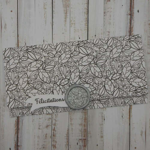 Pochette cadeau félicitations avec sceau de cire pour billet, chèque, place de spectacle feuillage noir et blanc mariage fait main