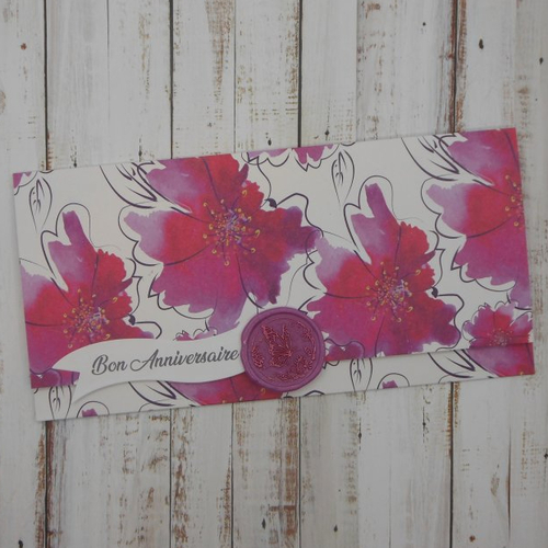 Pochette cadeau anniversaire sceau de cire papillon pour billet, chèque, place de spectacle fleurs fuschia violet fait main