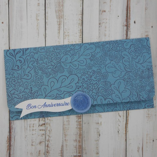 Pochette cadeau anniversaire sceau de cire fougères pour billet, chèque, place spectacle motif floral bleu fait main