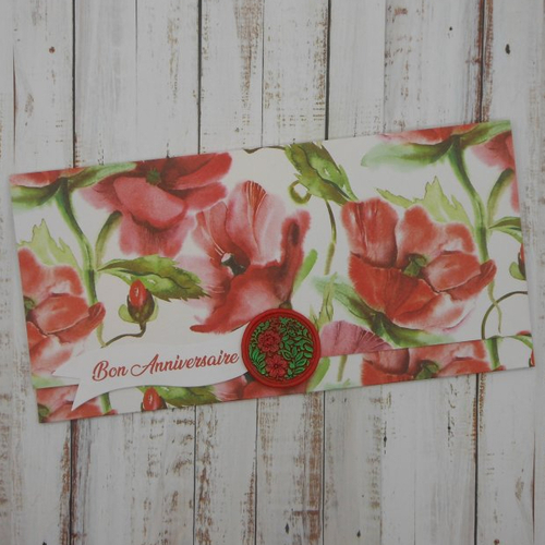 Pochette cadeau anniversaire sceau de cire fleuri pour billet, chèque, place spectacle gros coquelicots fait main