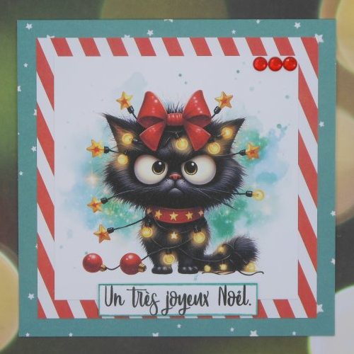 Carte joyeux noël chat noir noeud et guirlande rouge et vert fait main