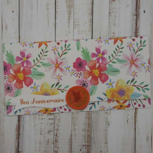 Pochette cadeau anniversaire sceau de cire papillon orangé pour billet, chèque, place spectacle fleur multicolore fait main