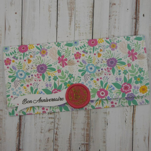 Pochette cadeau anniversaire sceau de cire papillon pour billet, chèque, place spectacle bouquets champêtres multicolore fait main
