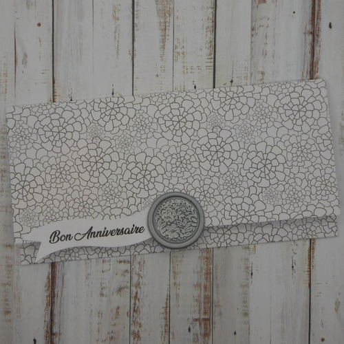 Pochette cadeau anniversaire sceau de cire flerus argent pour billet, chèque, place spectacle noir et blanc fait main